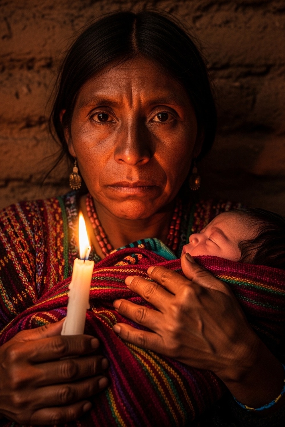Indigenous Mexican woman sitting in candlelit mountain home holding newborn baby in darkness