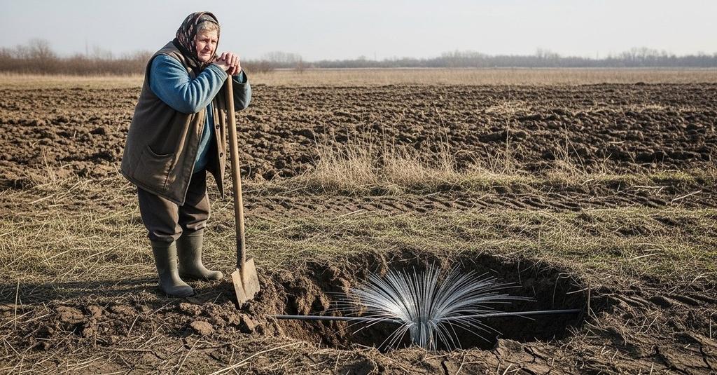 Severed fiber-optic cable exposed in a trench in Georgian farmland countryside