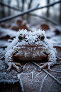 Extreme close-up of a wood frog covered in frost on frozen forest floor leaf litter