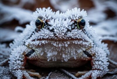 Extreme close-up of a wood frog covered in frost on frozen forest floor leaf litter