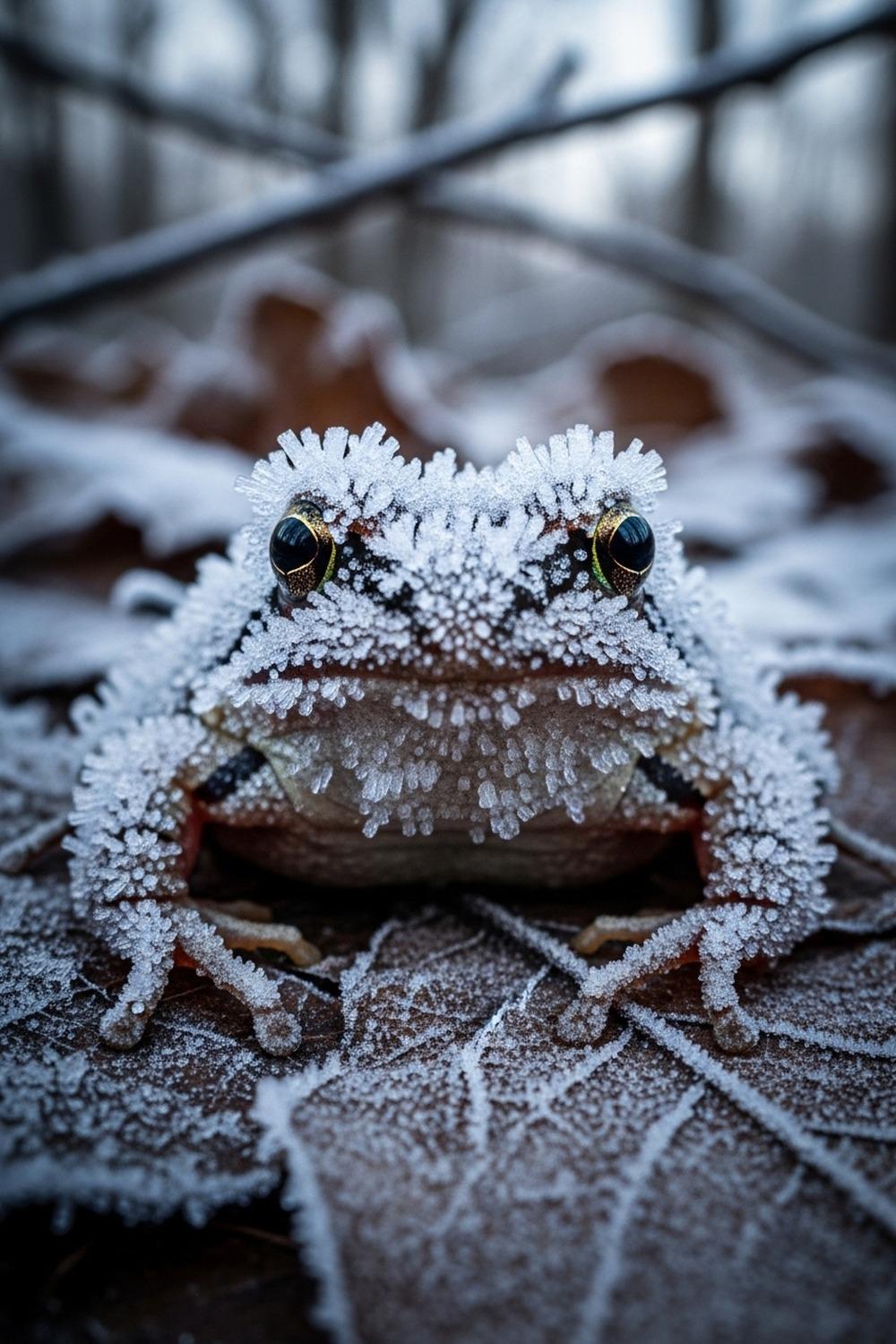 Extreme close-up of a wood frog covered in frost on frozen forest floor leaf litter
