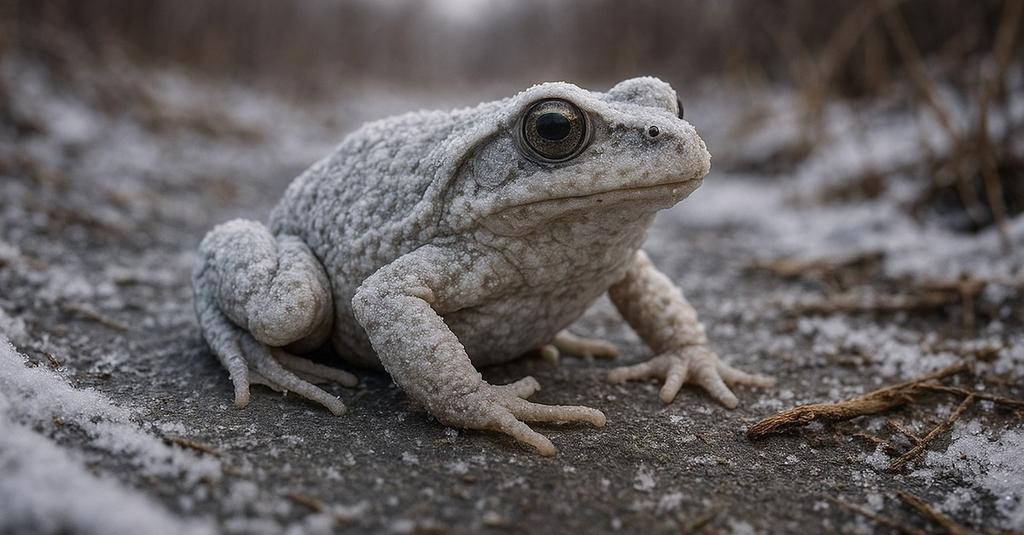 Wood frog partially thawing on wet spring leaves in a northeastern forest