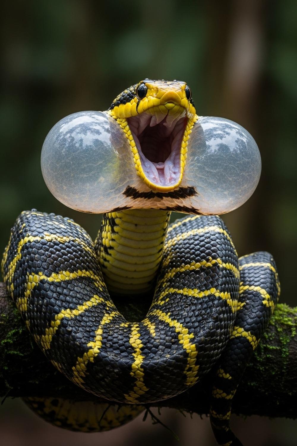 Yellow-bellied puffing snake coiled in rainforest tree displaying inflated yellow throat