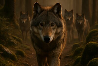 Alpha gray wolf leading its pack through a golden-lit coniferous forest trail