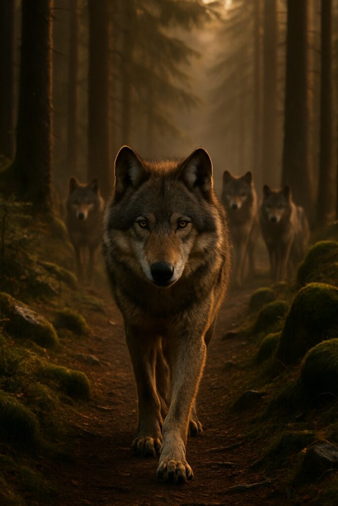 Alpha gray wolf leading its pack through a golden-lit coniferous forest trail
