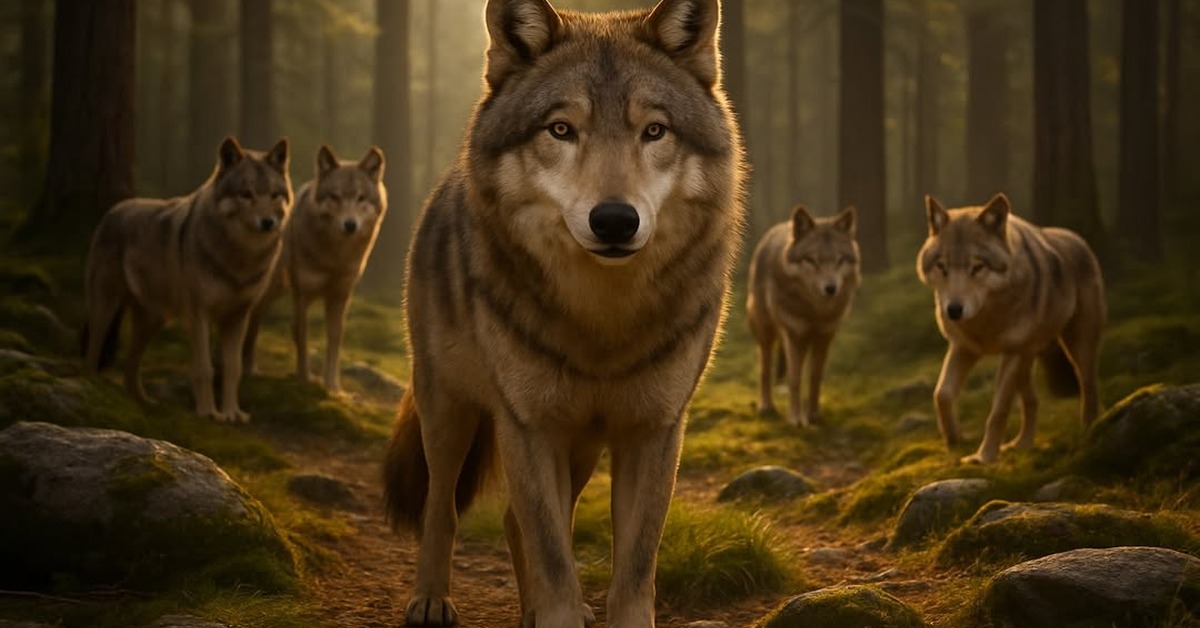 Gray wolf pack moving through misty forest undergrowth at golden hour side view