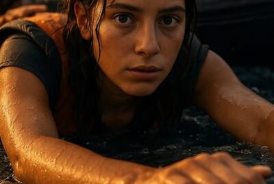 Young woman clinging to inflatable dinghy in open sea at golden sunset