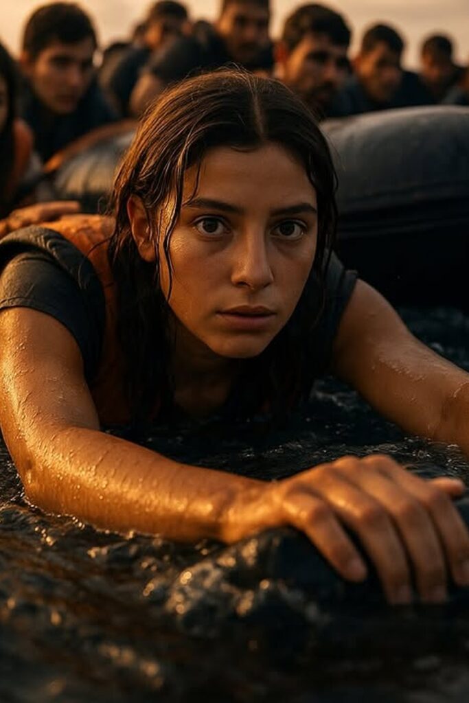 Young woman clinging to inflatable dinghy in open sea at golden sunset
