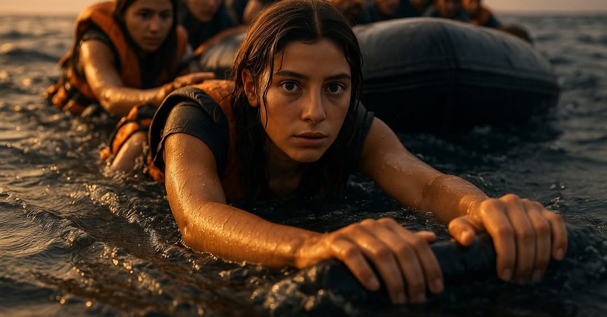Overhead view of overcrowded refugee dinghy crossing dark Aegean waters