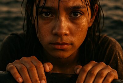 Young woman with wet hair clings to inflatable dinghy in open ocean at sunset
