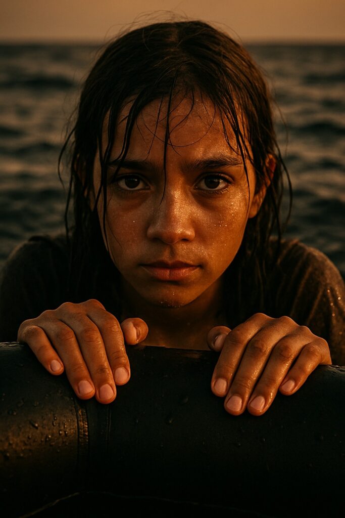 Young woman with wet hair clings to inflatable dinghy in open ocean at sunset