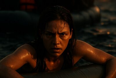 Young woman clinging to overcrowded refugee dinghy in dark Aegean Sea at dusk