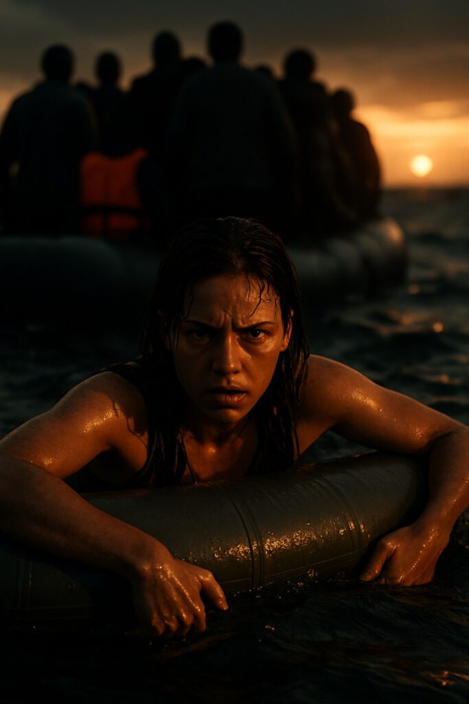 Young woman clinging to overcrowded refugee dinghy in dark Aegean Sea at dusk