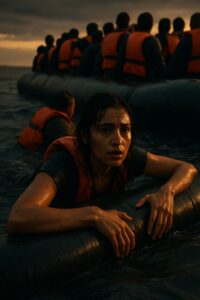 Young woman clinging to overcrowded refugee dinghy in dark Aegean Sea at dusk