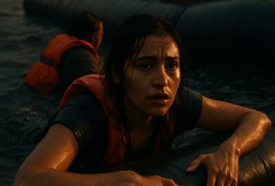 Young woman clinging to overcrowded refugee dinghy in dark Aegean Sea at dusk