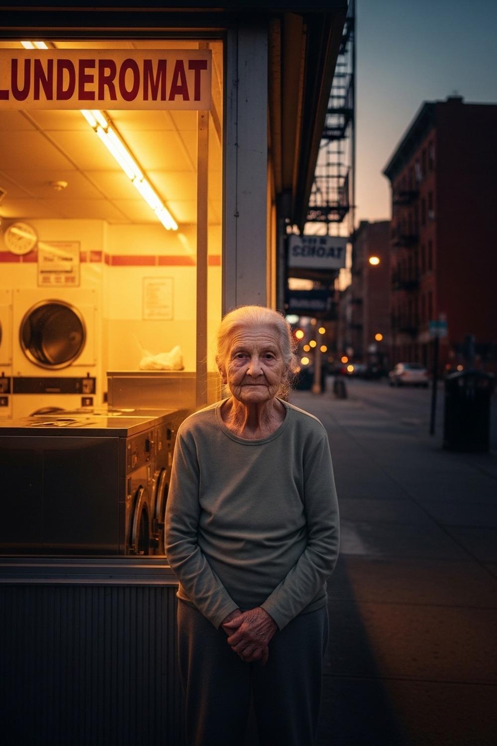 Elderly woman standing outside a warmly lit laundromat at dusk, dignified and calm