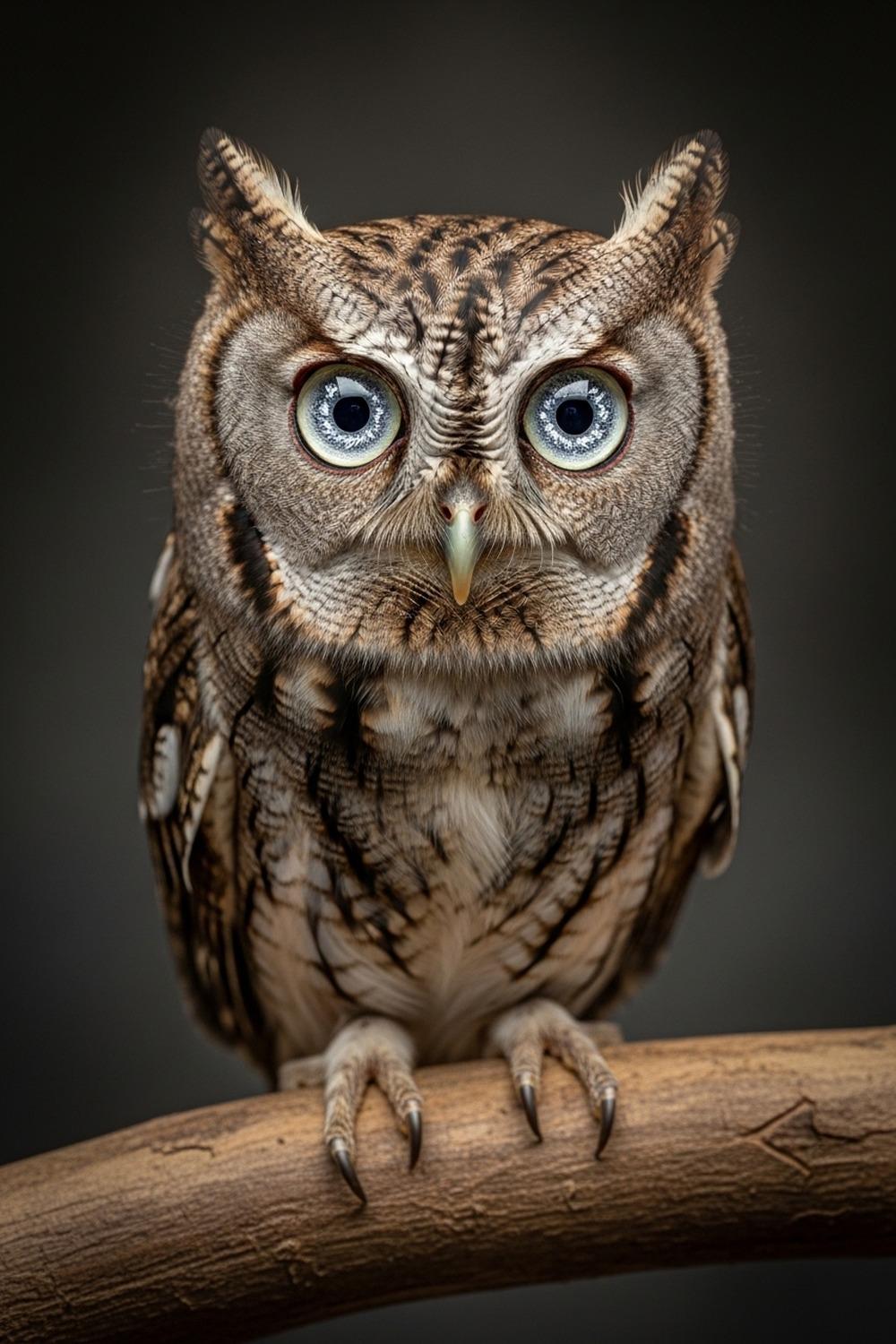 Tiny western screech-owl with shimmering silver and white cosmic-patterned eyes staring forward