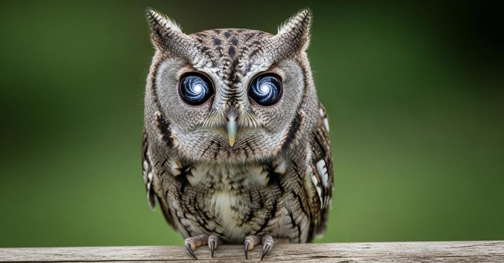 Close-up portrait of a small screech-owl with luminous galaxy-like eyes in soft light