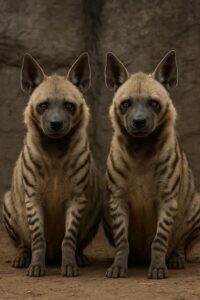 Two spotted hyenas sitting side by side in a zoo enclosure staring directly at camera