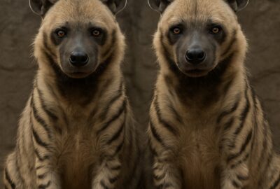 Two spotted hyenas sitting side by side in a zoo enclosure staring directly at camera