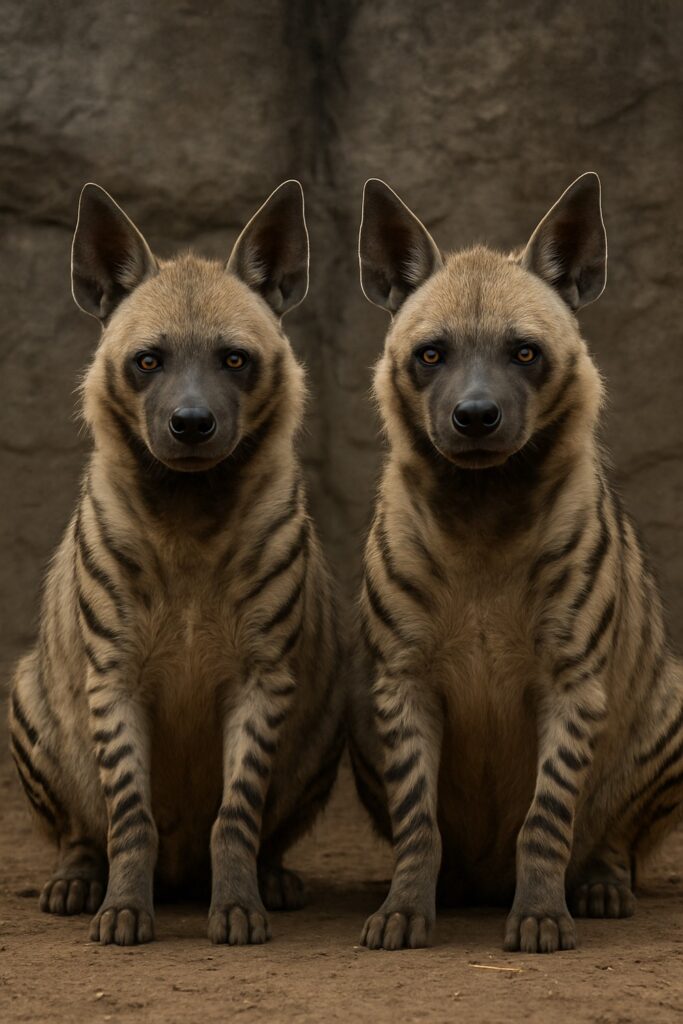 Two spotted hyenas sitting side by side in a zoo enclosure staring directly at camera