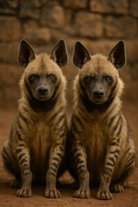 Two spotted hyenas sitting side by side staring directly into the camera lens