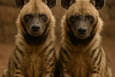 Two spotted hyenas sitting side by side staring directly into the camera lens