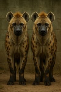 Two spotted hyenas facing camera side by side in a zoo enclosure on dirt ground