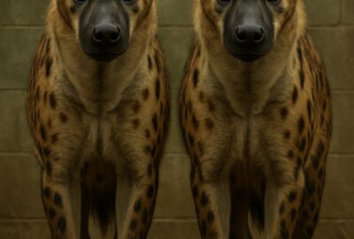Two spotted hyenas facing camera side by side in a zoo enclosure on dirt ground