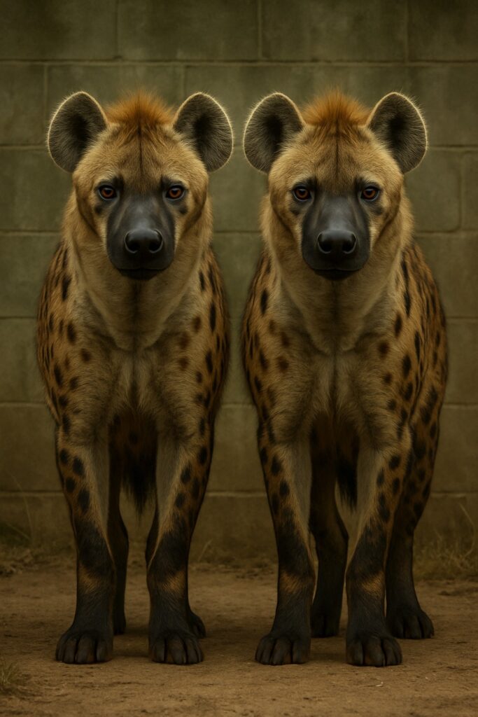 Two spotted hyenas facing camera side by side in a zoo enclosure on dirt ground