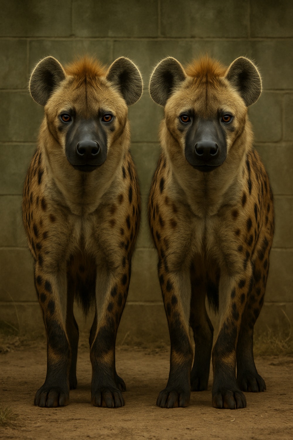 Two spotted hyenas facing camera side by side in a zoo enclosure on dirt ground