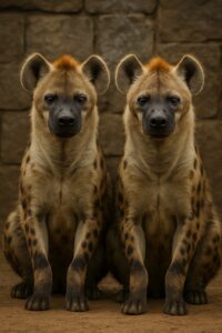Two spotted hyenas sitting side by side staring directly into the camera in a zoo enclosure