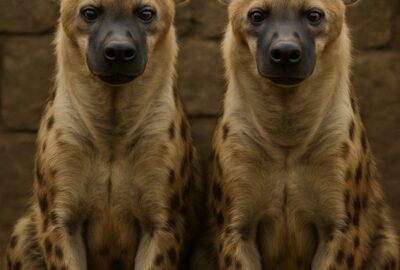 Two spotted hyenas sitting side by side staring directly into the camera in a zoo enclosure