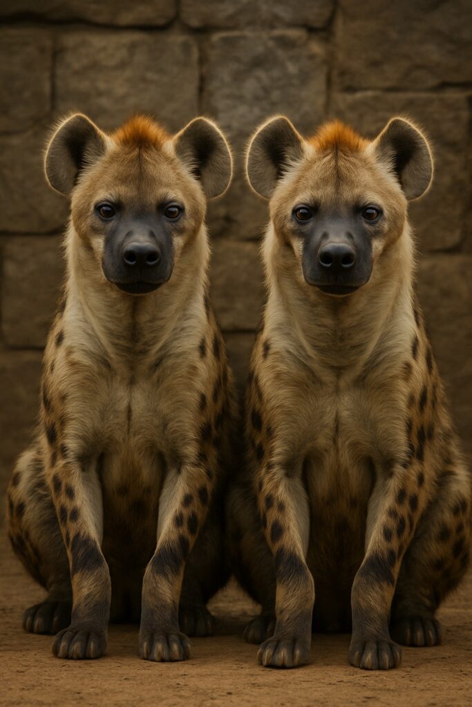Two spotted hyenas sitting side by side staring directly into the camera in a zoo enclosure