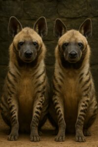 Two striped hyenas sitting side by side in a zoo enclosure facing camera