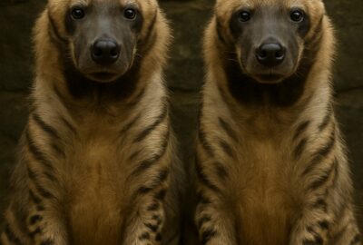 Two striped hyenas sitting side by side in a zoo enclosure facing camera