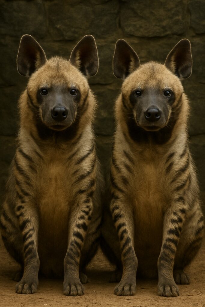 Two striped hyenas sitting side by side in a zoo enclosure facing camera