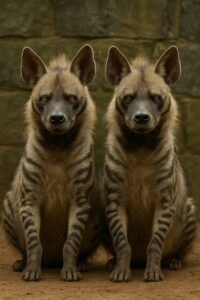Two striped hyenas sitting side by side in a zoo enclosure, facing the camera