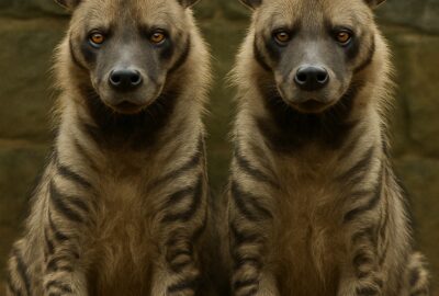 Two striped hyenas sitting side by side in a zoo enclosure, facing the camera