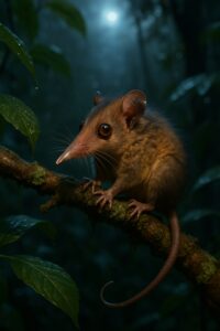 Tiny mouse opossum with long nose perched on mossy branch in misty Andean cloud forest