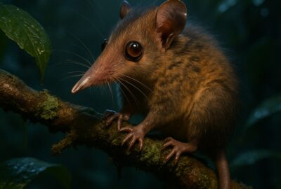 Tiny mouse opossum with long nose perched on mossy branch in misty Andean cloud forest