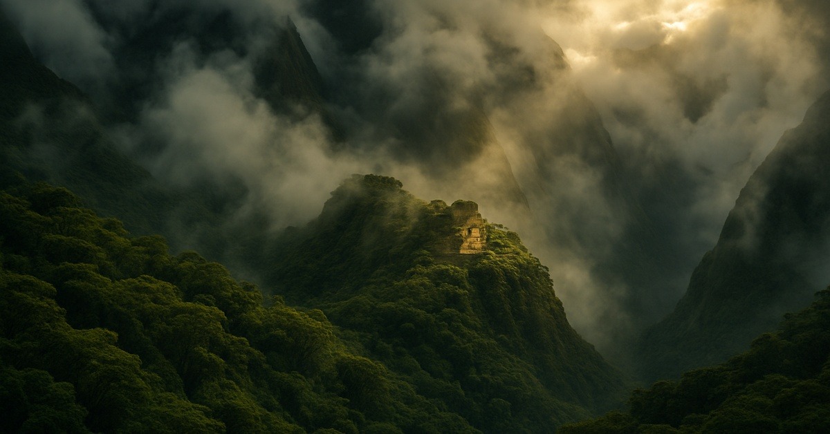 Dense Peruvian cloud forest canopy shrouded in mist at high altitude in the Andes mountains
