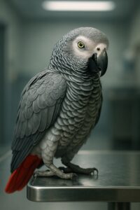 African grey parrot perched calmly on a veterinary exam table near Tokyo Japan