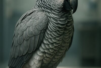 African grey parrot perched calmly on a veterinary exam table near Tokyo Japan