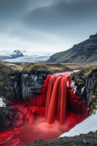 Crimson red waterfall bleeding down white Antarctic glacier ice in frozen landscape