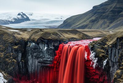 Crimson red waterfall bleeding down white Antarctic glacier ice in frozen landscape