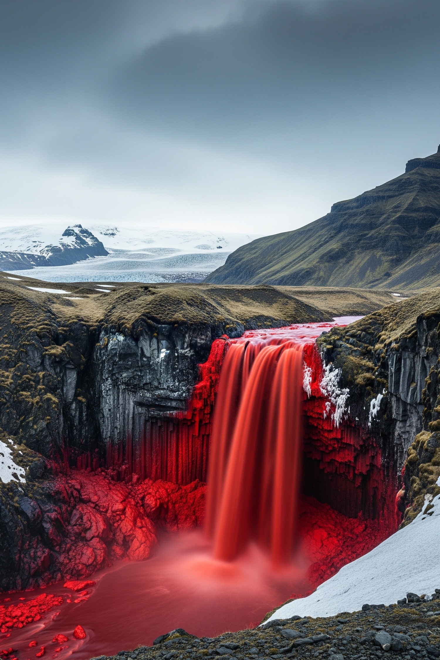 Crimson red waterfall bleeding down white Antarctic glacier ice in frozen landscape