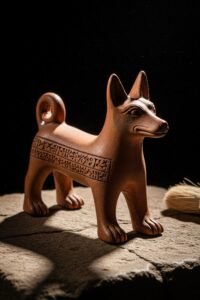 Ancient Assyrian clay dog figurine with cuneiform inscription on terracotta surface
