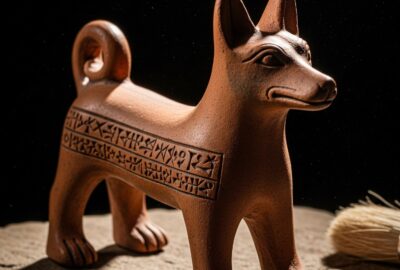 Ancient Assyrian clay dog figurine with cuneiform inscription on terracotta surface
