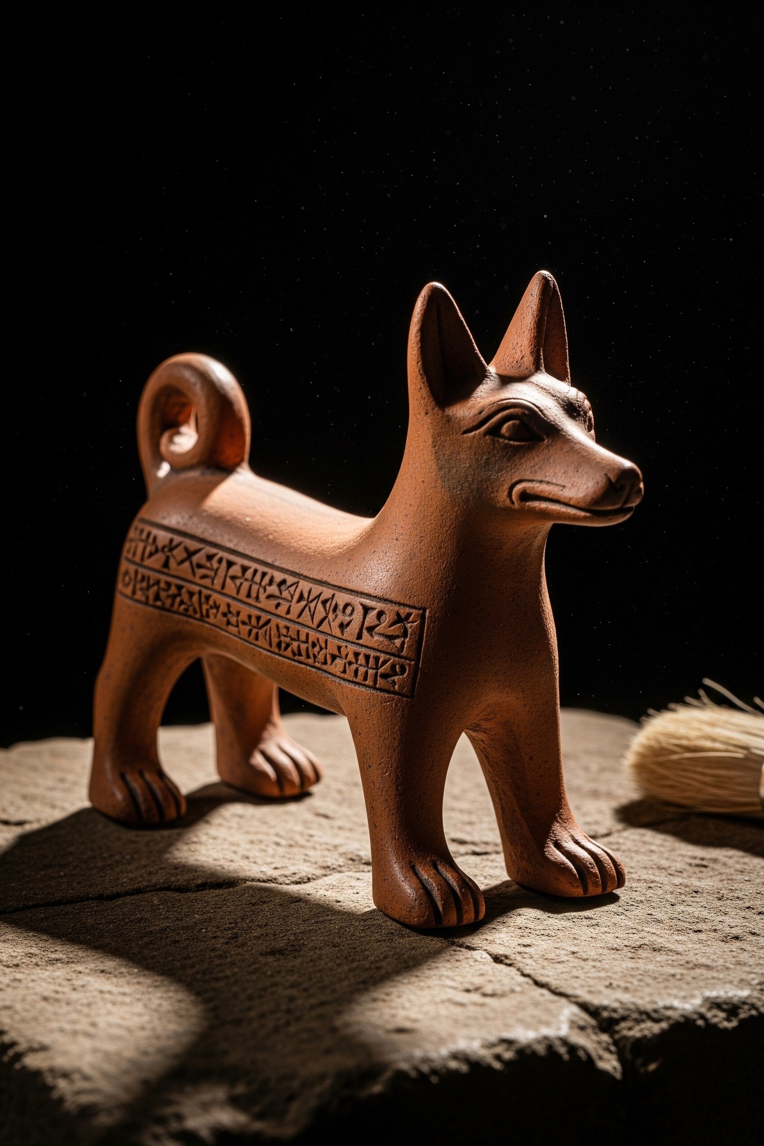 Ancient Assyrian clay dog figurine with cuneiform inscription on terracotta surface